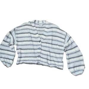 American Eagle Cropped Cardigan Sweater Blue White Gray Button Up Cozy